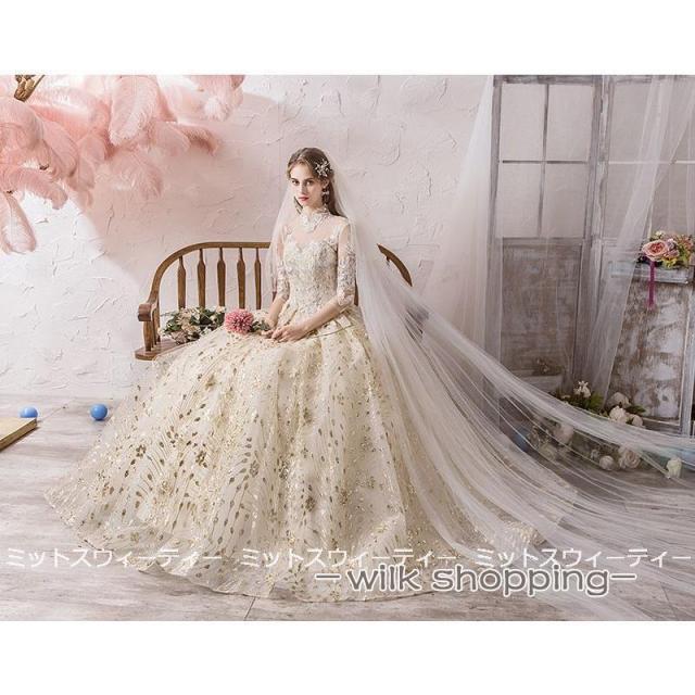 ウエディングドレス ロングカラードレス 二次会 プリンセスライン 大きいサイズ 結婚式 演奏会 ウェディングドレス ゴールド プロムドレス 花嫁 ロングドレス_6