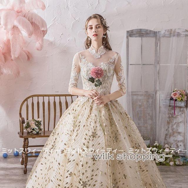 ウエディングドレス ロングカラードレス 二次会 プリンセスライン 大きいサイズ 結婚式 演奏会 ウェディングドレス ゴールド プロムドレス 花嫁 ロングドレス_7