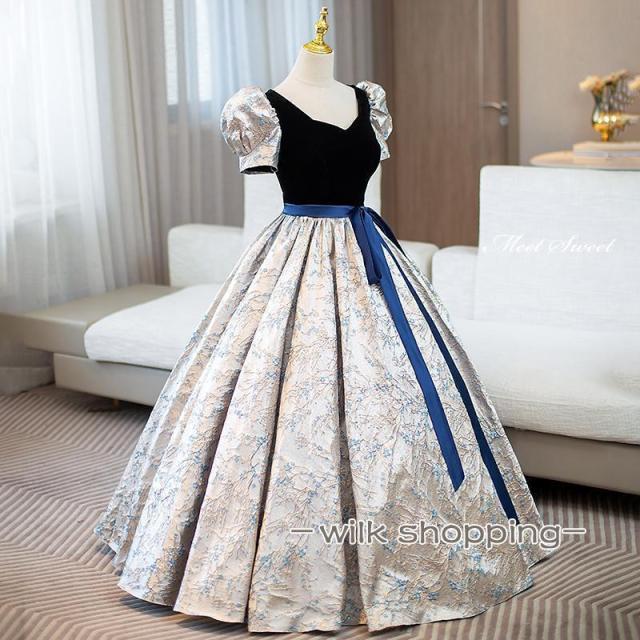 カラードレス プリンセスライン ネイビー パフスリーブ 半袖 花柄 ロングドレス ウェディングドレス 結婚式 二次会 花嫁 前撮り 演奏会 発表会 ステージ衣装_1