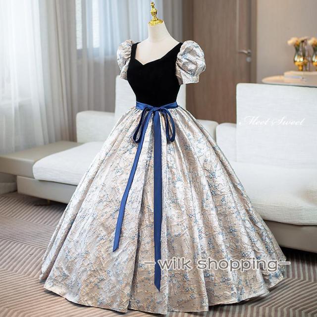 カラードレス プリンセスライン ネイビー パフスリーブ 半袖 花柄 ロングドレス ウェディングドレス 結婚式 二次会 花嫁 前撮り 演奏会 発表会 ステージ衣装_2