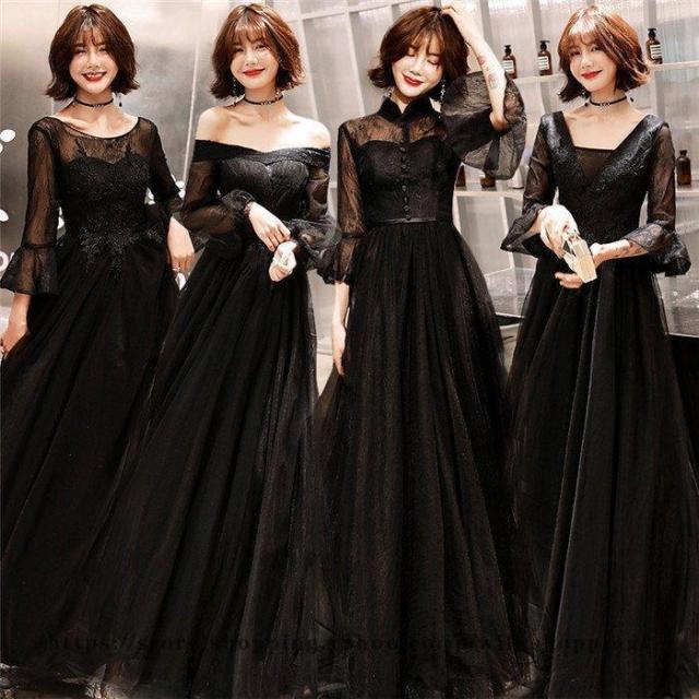 ロングドレス 演奏会 パーティードレス ドレス レディース 結婚式 ドレス ワンピース 4タイプ ロング丈 ピアノ 発表会 お呼ばれ 二次会 披露宴 上品 大人 黒