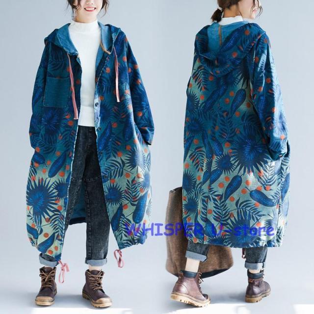スプリングコート 森ガール 花柄 レディース 文芸style ロング丈コート 長袖 ゆったり 春秋 デニムジャケット カジュアル オーバーサイズ