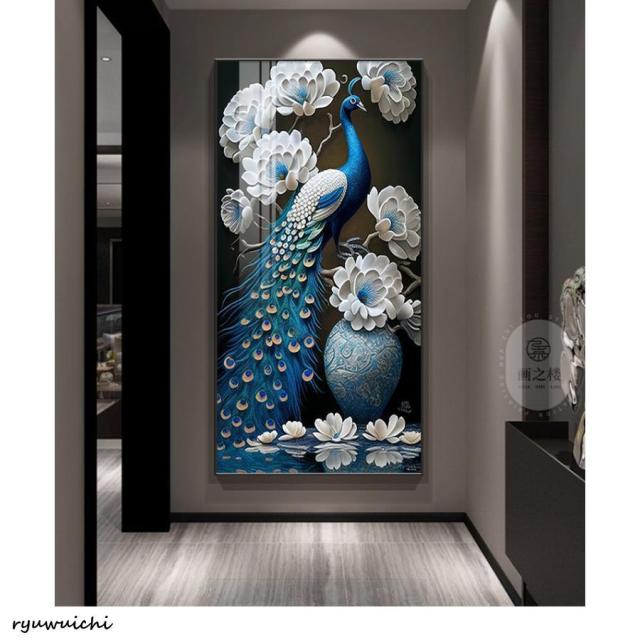 絵画 油絵 壁掛け 孔雀アートパネル 額つき インテリア 美術品 寝室 玄関飾り 撥水 縁起物 北欧風
