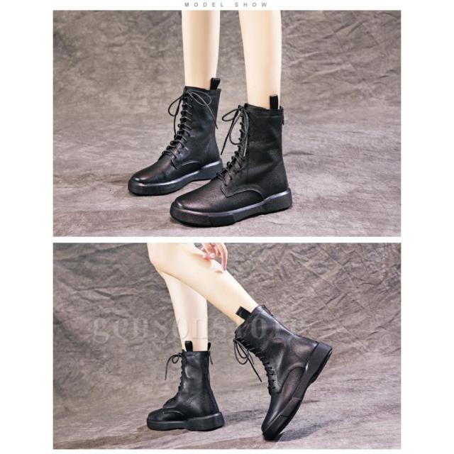 本革 ショート ブーツ レディース ローヒール 美脚 編み上げブーツ 袴 レースアップ ぺたんこ ブーツ ミドル サイドジップ 履きやすい疲れない 冬 裏起毛 ブーツ_10
