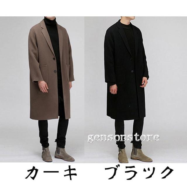 メンズ 暖かい ロングトレンチコート ライナー付き 韓国風 チェスターコート ウールコート シングル 2つボタン メルトン 厚手 アウター ビジネス カジュアル_1