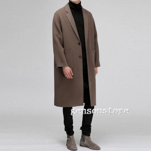 メンズ 暖かい ロングトレンチコート ライナー付き 韓国風 チェスターコート ウールコート シングル 2つボタン メルトン 厚手 アウター ビジネス カジュアル_2