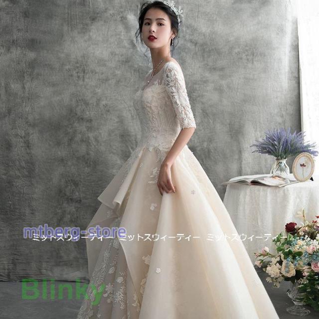 ウェディングドレス 花嫁 二次会 ウエディングドレス 結婚式 ロングドレス Aライン シャンパン 前撮り 披露宴 ブライダル レース 編み上げ 挙式 大きいサイズ_1