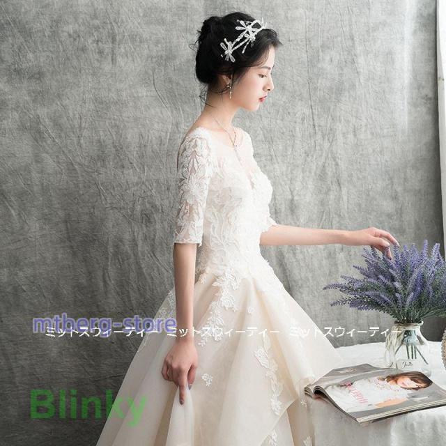 ウェディングドレス 花嫁 二次会 ウエディングドレス 結婚式 ロングドレス Aライン シャンパン 前撮り 披露宴 ブライダル レース 編み上げ 挙式 大きいサイズ_3
