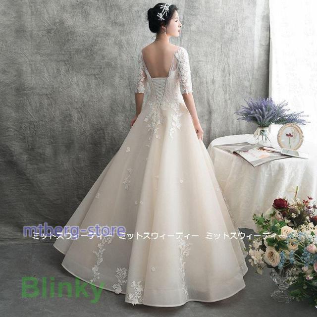 ウェディングドレス 花嫁 二次会 ウエディングドレス 結婚式 ロングドレス Aライン シャンパン 前撮り 披露宴 ブライダル レース 編み上げ 挙式 大きいサイズ_4