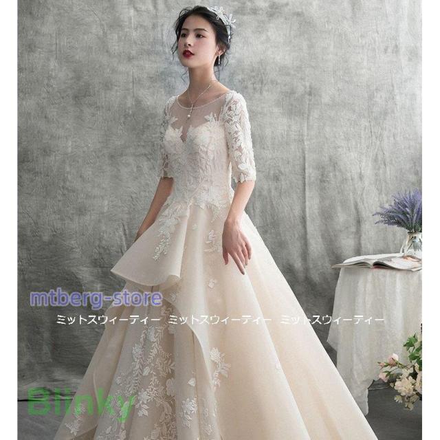 ウェディングドレス 花嫁 二次会 ウエディングドレス 結婚式 ロングドレス Aライン シャンパン 前撮り 披露宴 ブライダル レース 編み上げ 挙式 大きいサイズ_6