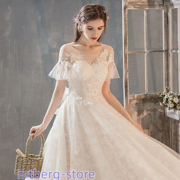 ウェディングドレス ウェディングドレス白 パーティードレス パフスリーブ 花嫁ロングドレス 簡約 結婚式 露背 二次会 レース お呼ばれ 挙式 姫系hs5142_3