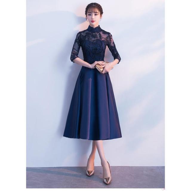 ブラック チャイナドレス Aライン ロングドレス 袖あり イブニング