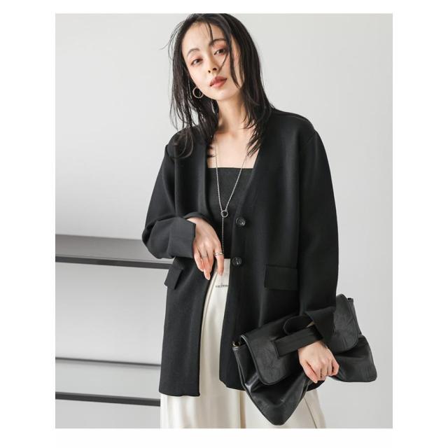 ニットジャケット ノーカラー ダブルボタン オフィス キレイめ 袖