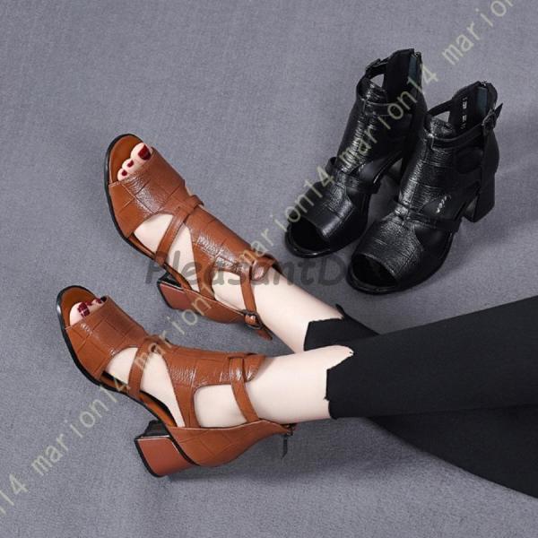 バックジッパー サンダル レディース グラディエーター サンダル オープントゥ 太ヒール ブーツサンダル 美脚 大人 可愛い ペタンコ 厚底 ブラック バックジッパー サンダル レディース グラディエーター サンダル