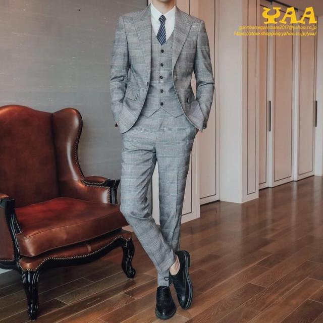 3ピーススーツ 入学式 スリーピース スリーピー 1つボタン チェック柄 細身 スーツ 秋 メンズ 3ピーススーツ 入学式 スリーピース スリーピー 1つボタン チェック柄
