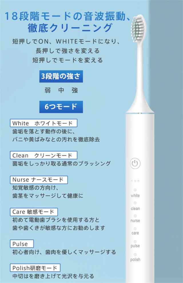 電動歯ブラシ 音波歯ブラシ 替えブラシ 充電式 IPX7防水 静音 歯磨き 歯垢 歯石除去 口臭対策 携帯 強力 電動歯ブラシ本体