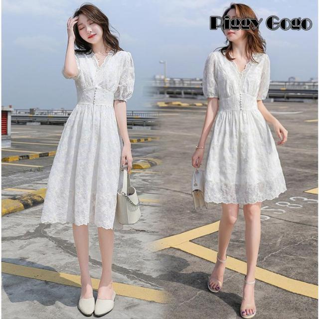 ワンピース レディース 40代 きれいめ膝丈ワンピース 春夏新作 半袖ワンピース 白レース シフォン Vネック Aラインスカート オシャレ結婚式ドレス 大人