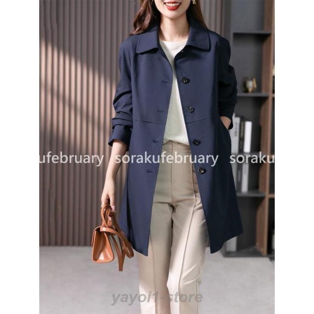 トレンチコート レディース 40代 ミディアム丈ジャケット ステンカラースプリングコート 春コート 長袖アウター 秋服 カジュアル韓国風 通勤バーカー 30代 50代