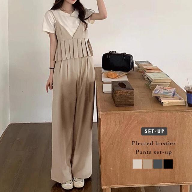 セットアップ プリーツ ビスチェ タックワイドパンツ キャミソール 2025春夏新作
