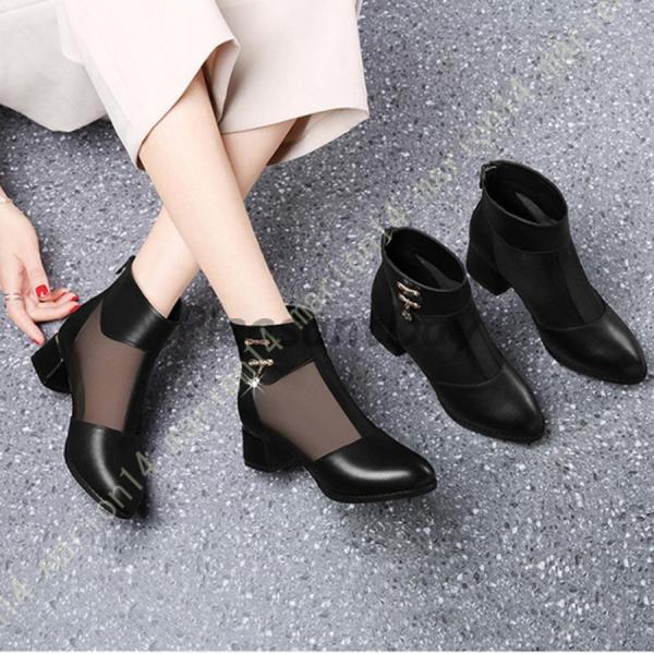 ヒールブーツ ラウンドトゥ レディース サマーブーツ 大きいサイズ メッシュ ショートブーツ 歩きやすい 夏 ブーティー 太ヒール 走れる 美脚 ブーツサンダル