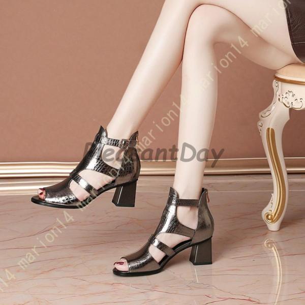 オープントゥ ハイヒール サンダル サマーブーツ メッシュ 太ヒール レディース ブーツサンダル ファスナー 履きやすい 7cmヒール グラディエーターサンダル