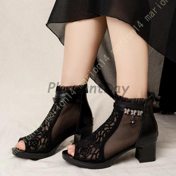 オープントゥ ブーツ 厚底サンダル レディース アンクルブーツ ファスナー サマーブーツ 大きいサイズ 歩きやすい 太ヒール 5cm オフィス ブーツサンダル