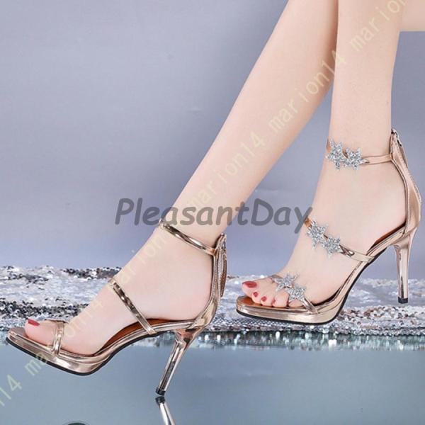 サンダル キラキラ ゴールド 黒 おしゃれ ラインストーン グラディエーターサンダル 細ヒール バックジッパー サンダル レディース 大きいサイズ 婦人靴