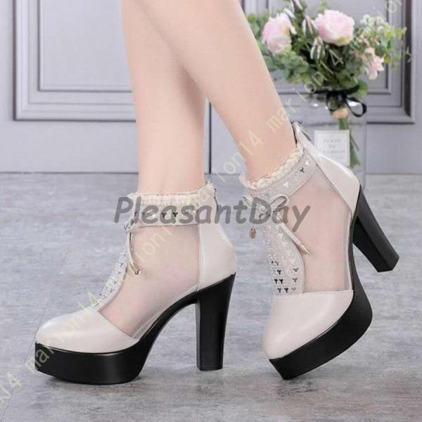 レディース ブーツ サンダル メッシュ サンマーブーツ 太ヒール 厚底 バックファスナー ブーツサンダル 歩きやすい ハイヒール 10センチ 美脚 きれいめ 婦人靴