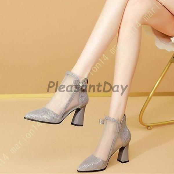 大きいサイズ ブーツサンダル サマーブーツ サンダル レディース ショートブーツ 太ヒール 歩きやすい 夏 ブーツ ポインテッドトゥ バックジッパー ハイヒール