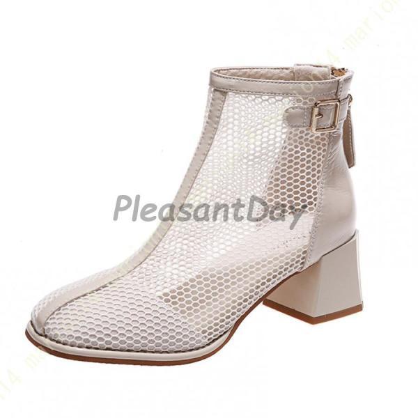 サマーブーツ サンダル ファッションサンダル レディース 太めヒール メッシュ ブーツサンダル 夏ブーツ バックジップ 5.5cm ヒールサンダル カジュアル