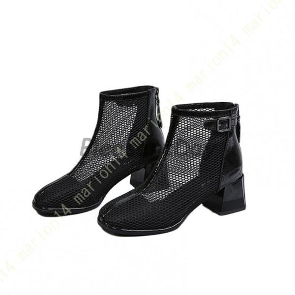 サマーブーツ サンダル ファッションサンダル レディース 太めヒール メッシュ ブーツサンダル 夏ブーツ バックジップ 5.5cm ヒールサンダル カジュアル