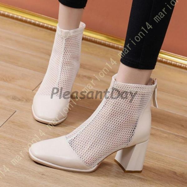 スクエアトゥ アンクルブーツ レディース サンダル チャンキーヒール サマーブーツ メッシュ 通気 ショートブーツ 太ヒール バックジッパー 7cm