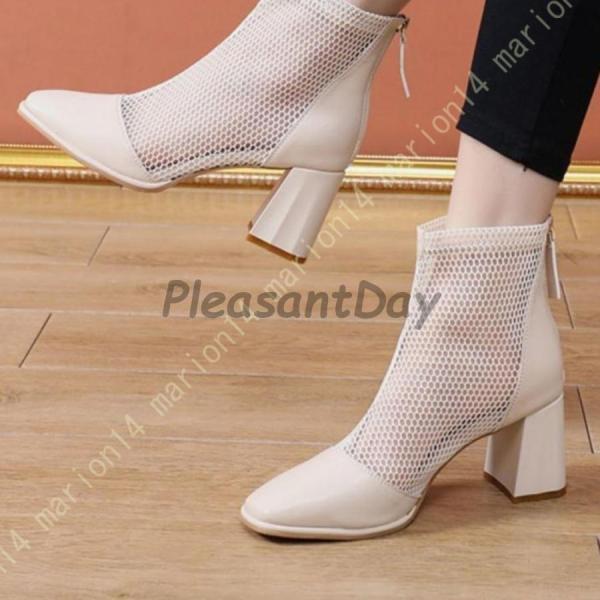 スクエアトゥ アンクルブーツ レディース サンダル チャンキーヒール サマーブーツ メッシュ 通気 ショートブーツ 太ヒール バックジッパー 7cm スクエアトゥ アンクルブーツ レディース サンダル チャンキーヒール