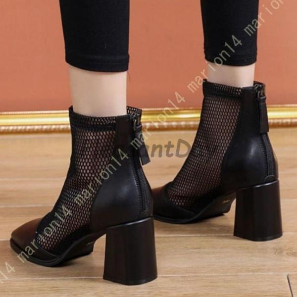 スクエアトゥ アンクルブーツ レディース サンダル チャンキーヒール