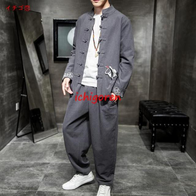 2022新作 セットアップ メンズ 上下セット 春服 綿麻 リネン生地 長袖 前開 トップス ロングパンツ 部屋着 大きいサイズ おしゃれ スウェット