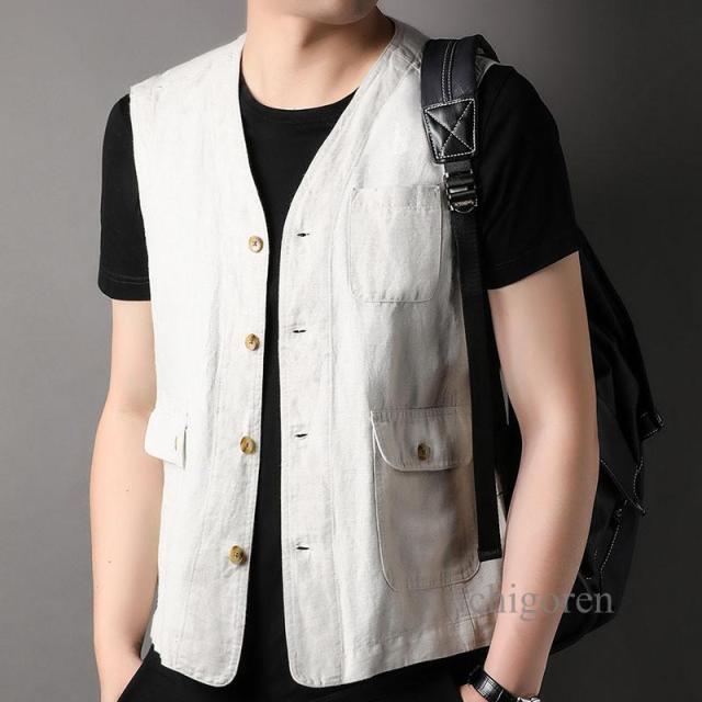 メンズ ベスト 麻 ポケット 夏 前開き 綿麻ベスト 綿麻ジレ コットンリネン サマーベスト トップス 涼しい シンプル おしゃれ 無地 ビジネス 通勤 大きいサイズ