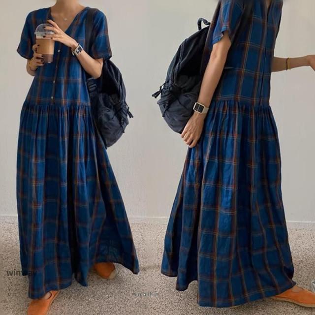 ワンピース レディース 半袖 ロングワンピース チェック柄 vネック ギャザー フレアワンピース ゆったり 体型カバー ワイド プルオーバー 可愛い大人40代