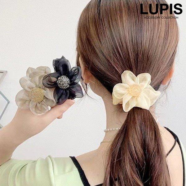 ヘアアクセサリー シュシュ ヘアゴム フラワー オーガンジー キラキラ 華やか 上品 エレガント かわいい 大人っぽ シアー まとめ髪 40代 ルピス