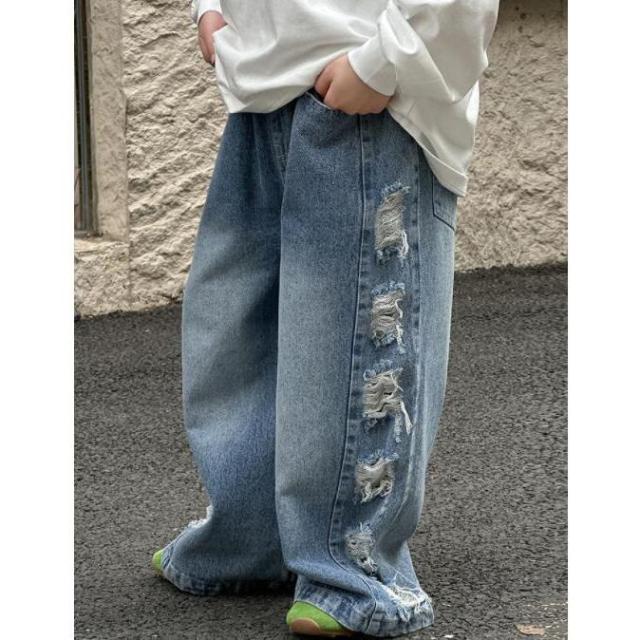 ロングパンツ キッズ デニム ダメージ加工 男の子 ボーイズ ジュニア 子供服 ボトムス ストレッチ ジーンズ ジーパン ズボン ブリーチ