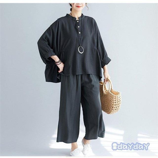 セットアップ レディース 大きいサイズ 2点セット ワイドパンツ ガウチョパンツ ブラウス 上下セット 春 夏 カジュアル 40代 50代 ゆったり 体型カバー コーデ セットアップ レディース 大きいサイズ 2点セット ワイドパンツ