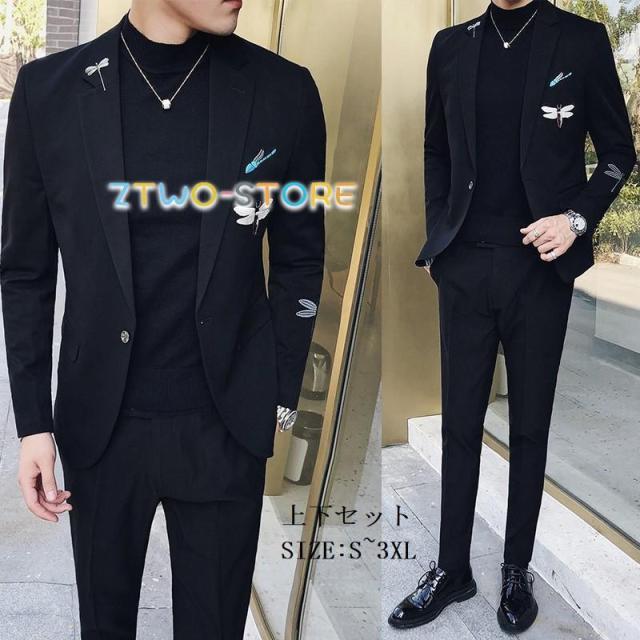 メンズスーツ 刺繍あり フォーマルスーツ 1つボタンスーツ 上下セットスーツ タキシードスーツ 披露宴 結婚式 二次会 成人式 卒業式 就職活 ビジネススーツ