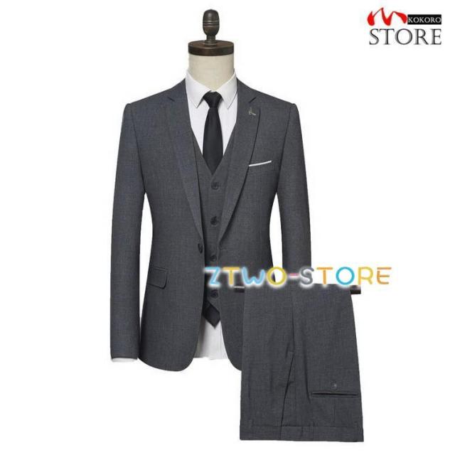 スリーピース 3ピーススーツ ビジネススーツ フォーマルスーツ 礼服 セットアップ 一つボタン カジュアル グレー 秋 メンズ