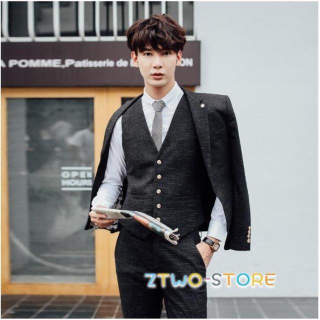 （ベスト＋ジャケット＋パンツ）3点スーツ メンズスーツ ブラック　ブルー　背広　秋　 結婚式披露宴 セレモニー 韓国風スリムセットスーツ