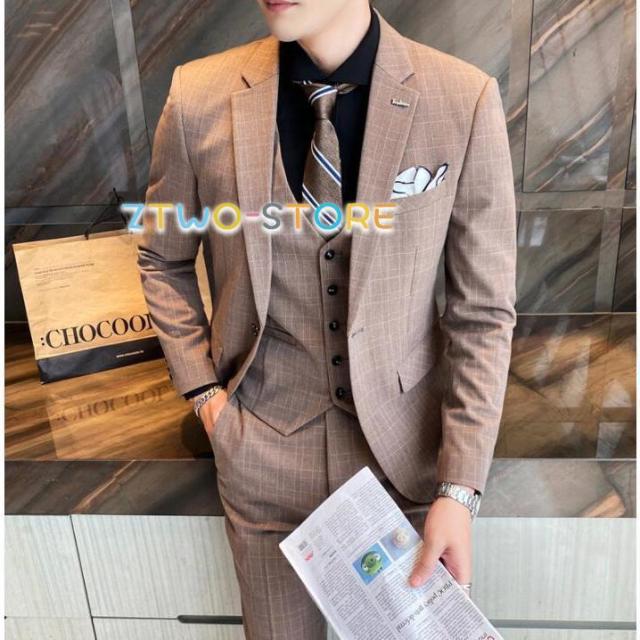 チェック柄 メンズスーツ 3点セットスーツ カッコイイ 1つボタンスーツ フォーマルスーツ 結婚式 二次会 成人式 卒業式 就職活 ビジネススーツ 披露宴 お洒落