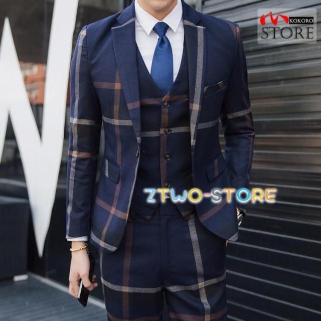 3ピーススーツ メンズ スリーピース スリーピー 1つボタン チェック柄 細身 ビジネススーツ 秋 卒業式 結婚式 通勤