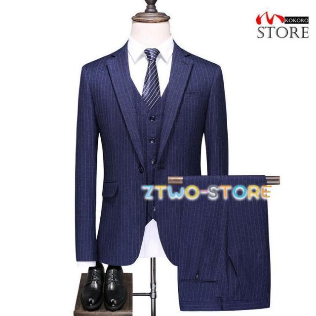 3ピーススーツ ビジネススーツ 結婚式 スリーピース スリーピー 1つボタン ネイビー ストライプ 細身 スーツ セットアップ 秋 メンズ