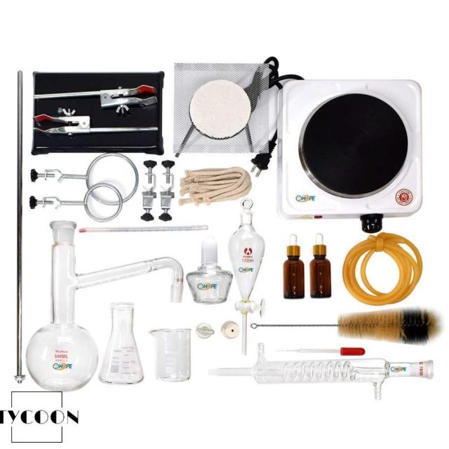 500ML（0.13Gal）ラボエッセンシャルオイル抽出蒸留装置水蒸留器精製器化学ラボガラス器具キットハイドロゾル、アルコール蒸留器、教育機器（ホットストーブ付き