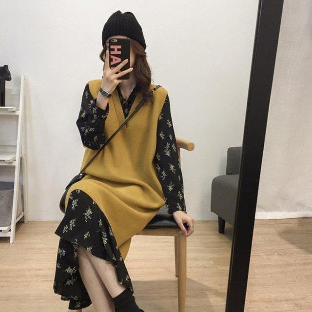 セットアップ レディース ニットベスト 花柄ワンピース 長袖 春秋 40代 きれいめ 可愛い 2点セット カジュアルセットワンピース ゆったり 通勤