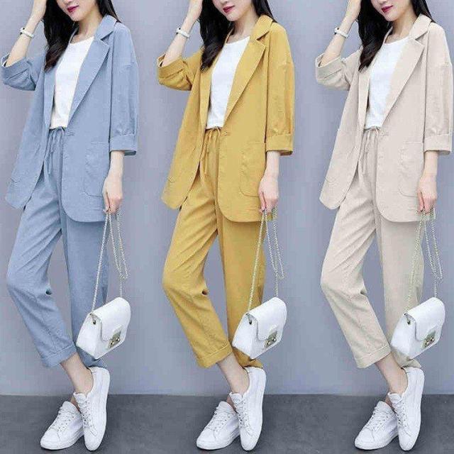 セットアップ レディース 春夏 40代 フォーマル オフィス 上下セット 綿麻風 七分袖 スーツジャケット 七分パンツ 無地 着痩せ 韓国風 通勤 オシャレ カジュアル