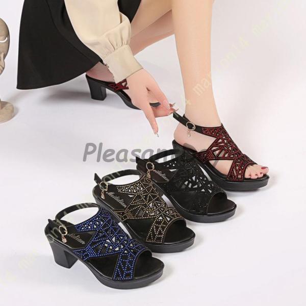 サンダル レディース グラディエーターサンダル 7cmヒール チャンキーヒール ブーツサンダル 太ヒール ラインストーン飾り おしゃれ きれいめ 疲れにくい